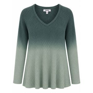 Sonoma Waffle Knit Sweater Blue Green VNeck Top Women XL Ombre Tunic Long Sleeve